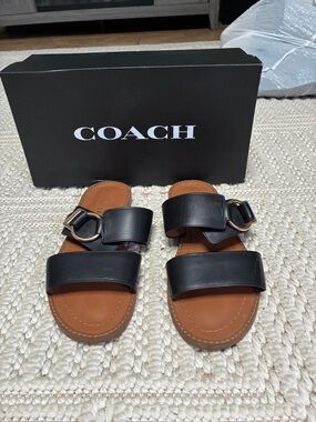 Coach Black Leather Double-Strap Slides with Brown Footbed